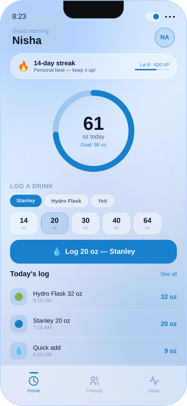 Sip Up app prototype — home screen showing hydration ring, streak, and today's log